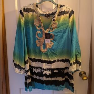 NWT Nicole by Nicola Miller XL Tie Dye Gold Embroidered Tunic